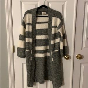 Long acrylic/wool blend sweater with stripes